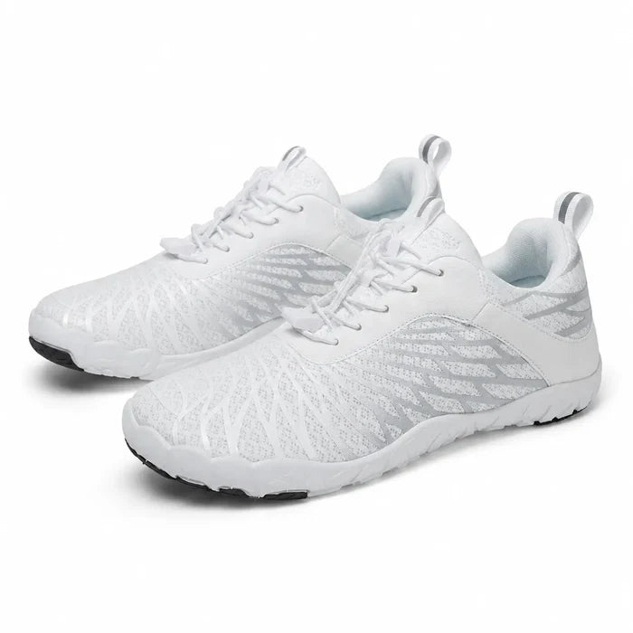 White and gray unisex slip-on hiking shoes with mesh uppers and low-cut styling, displayed as one pair on a white background.