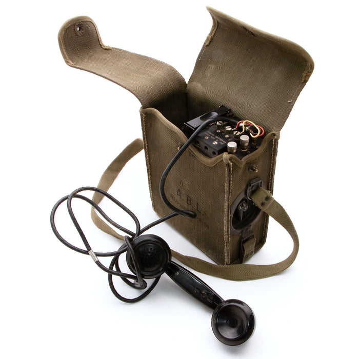 military surplus US Army Field Phone in canvas satchel