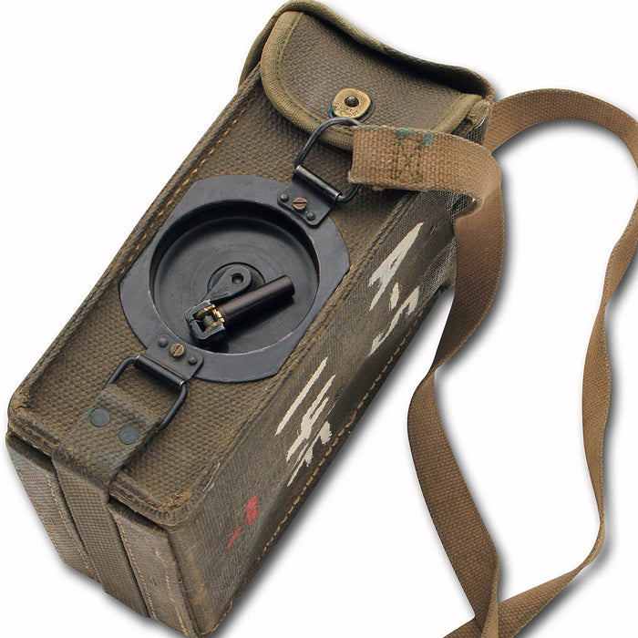 military surplus US Army Field Phone in canvas satchel with integral winder on the side