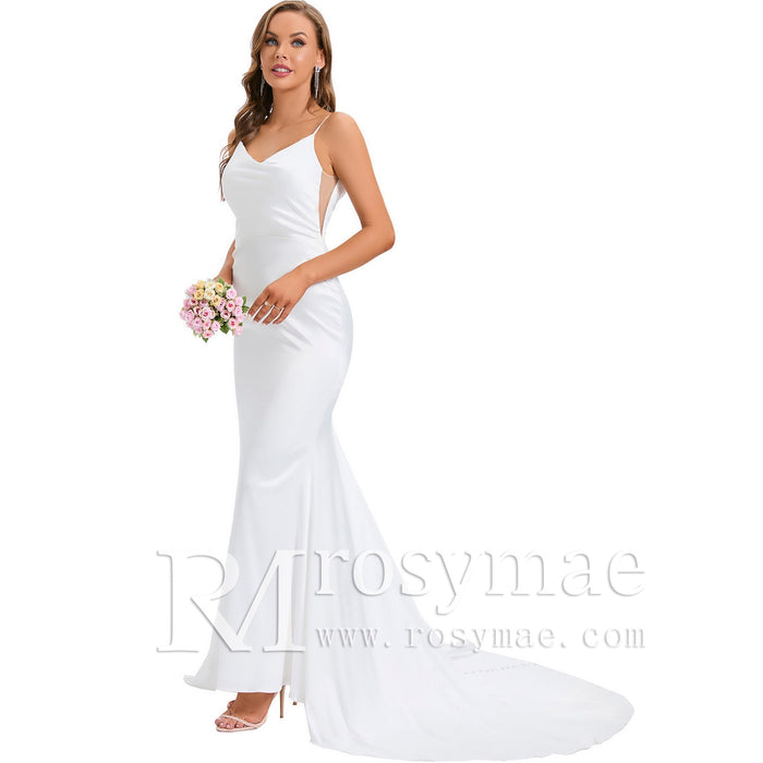 V-Back Stretch Mermaid Sleek Wedding Dress Bridal Gown for Bride - Rosymae
