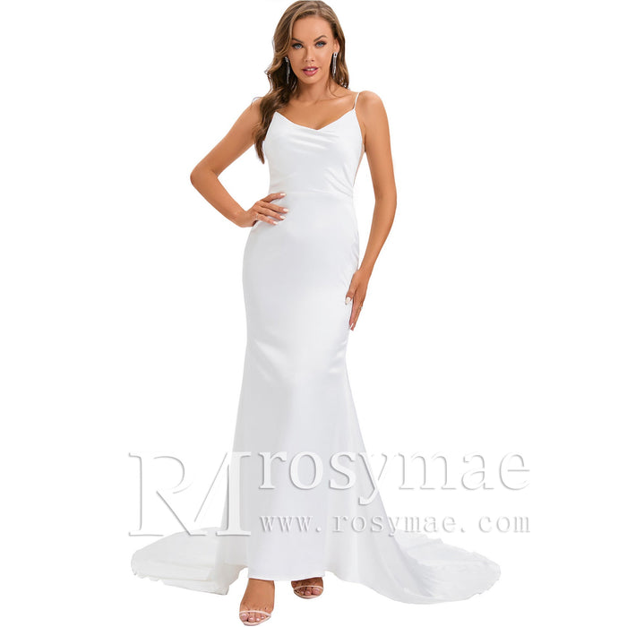 V-Back Stretch Mermaid Sleek Wedding Dress Bridal Gown for Bride - Rosymae