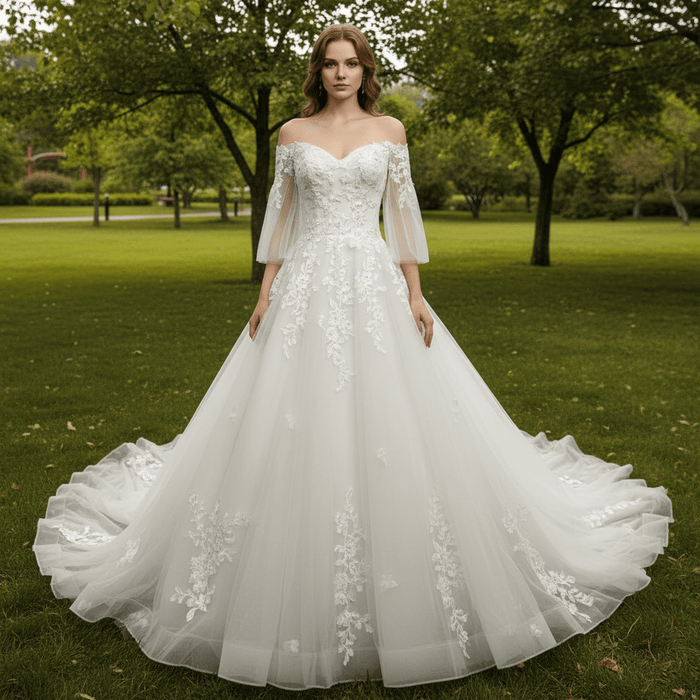 V-Neck Half-Sleeve Tulle Lace Ball Gown Wedding Dress - Rosymae