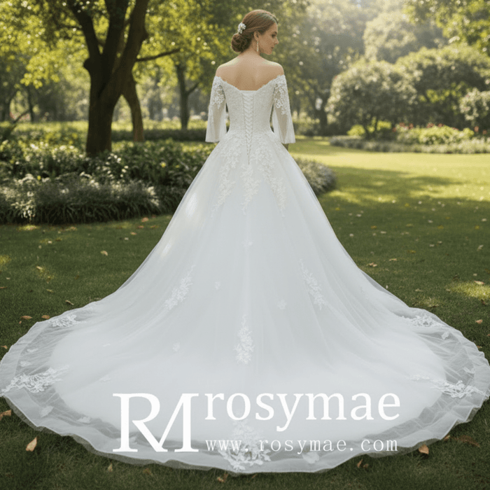 V-Neck Half-Sleeve Tulle Lace Ball Gown Wedding Dress - Rosymae