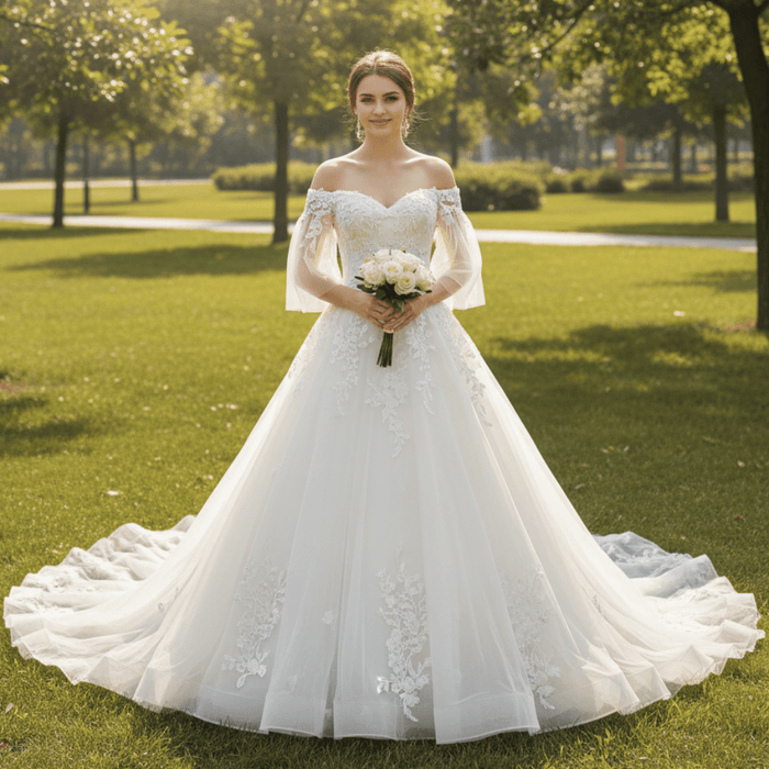 V-Neck Half-Sleeve Tulle Lace Ball Gown Wedding Dress - Rosymae