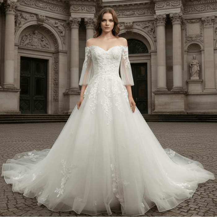 V-Neck Half-Sleeve Tulle Lace Ball Gown Wedding Dress - Rosymae