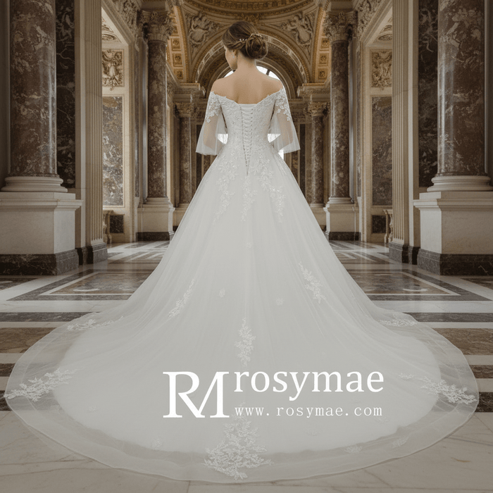V-Neck Half-Sleeve Tulle Lace Ball Gown Wedding Dress - Rosymae
