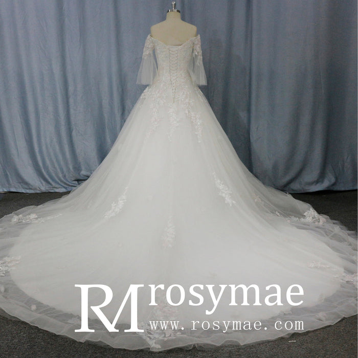 V-Neck Half-Sleeve Tulle Lace Ball Gown Wedding Dress - Rosymae