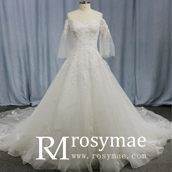 V-Neck Half-Sleeve Tulle Lace Ball Gown Wedding Dress - Rosymae
