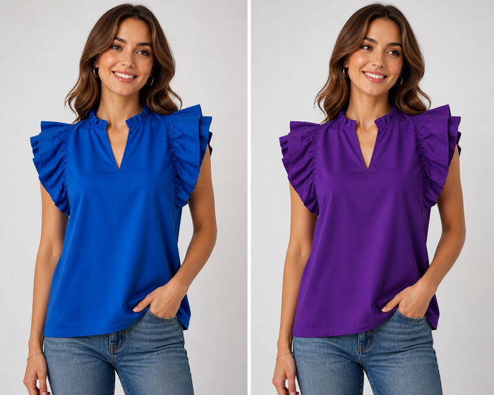 V Neck Ruffle Sleeve Solid Top