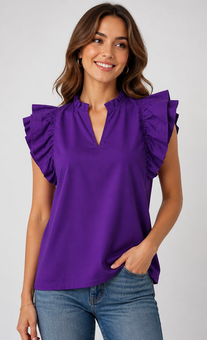 V Neck Ruffle Sleeve Solid Top