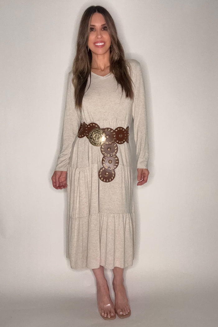 Style the V Neck Tiered Long Sleeve Maxi Dress exclusively at Born To Glam
