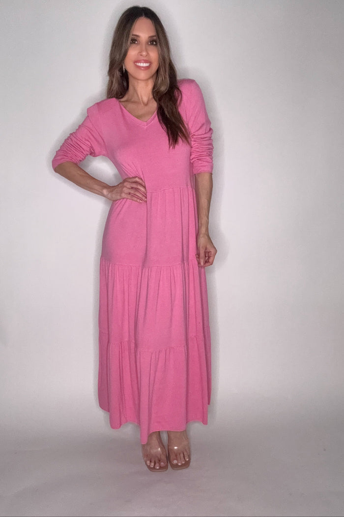 Style the V Neck Tiered Long Sleeve Maxi Dress exclusively at Born To Glam