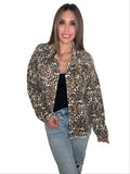 Style the Veveret Leopard Printed Glitzy Snap Button Denim Shacket exclusively at Born To Glam
