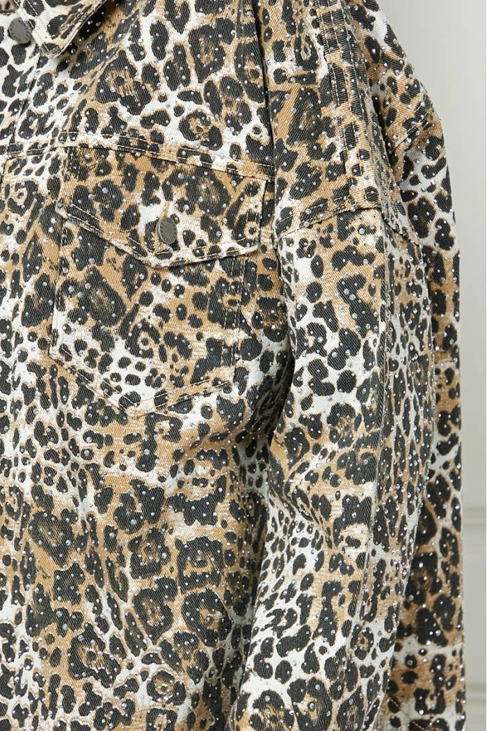 Style the Veveret Leopard Printed Glitzy Snap Button Denim Shacket exclusively at Born To Glam