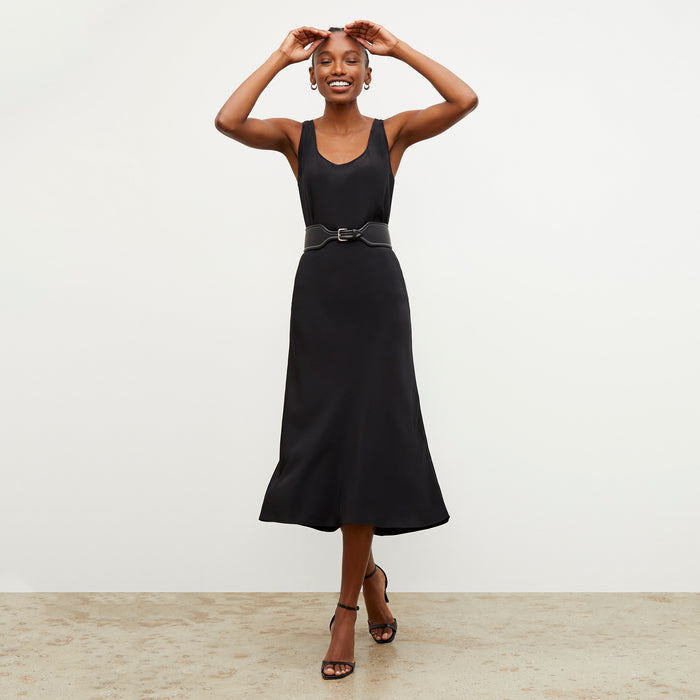 Front image of a woman wearing the Vicky Tank in Black