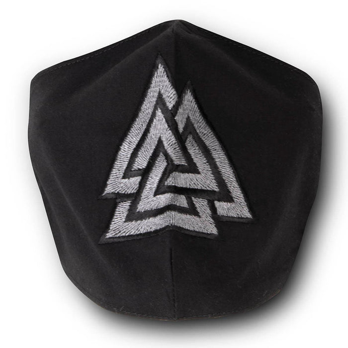 Black Cotton Face Mask with silk embroidered Viking Valknut, adjustable straps and pocket for disposable filter