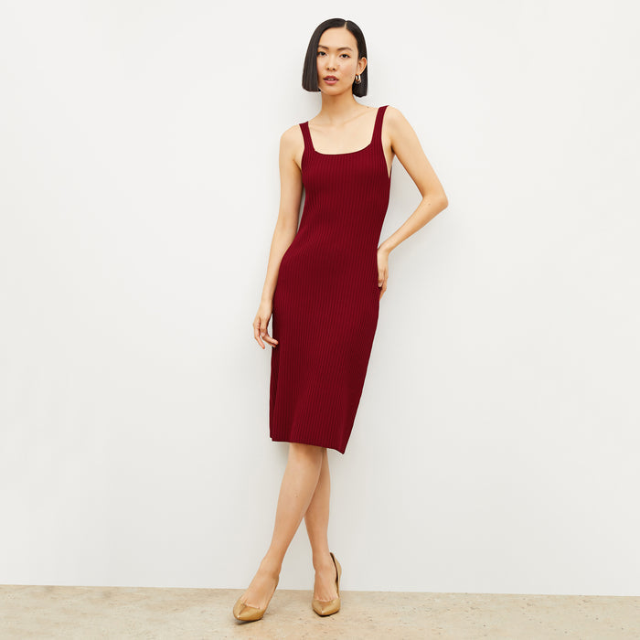 Front image of a woman wearing the vincent dress in maroon | Lead