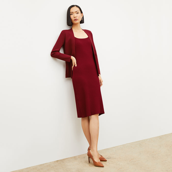 Front image of a woman wearing the vincent dress in maroon