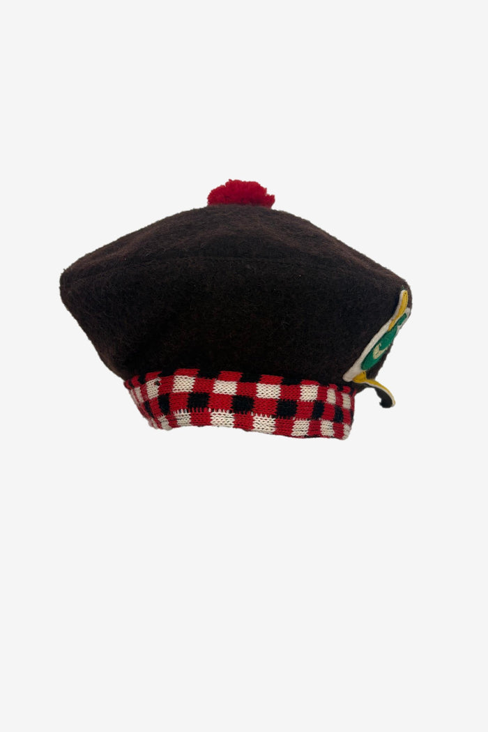Vintage Brown Wool Beret with Red Pompom