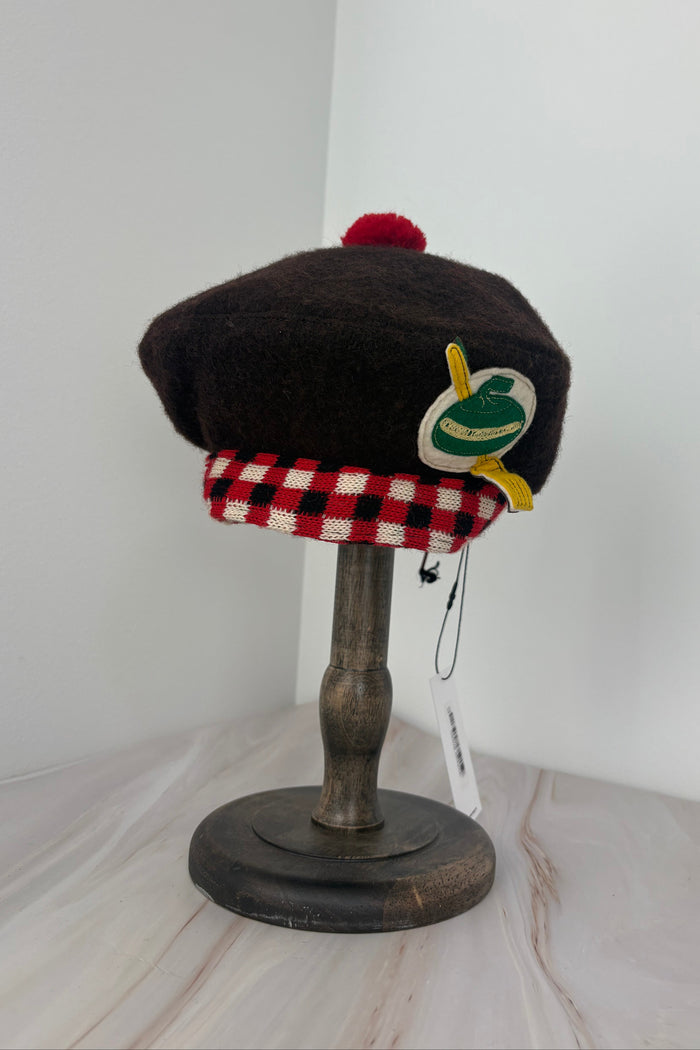 Vintage Brown Wool Beret with Red Pompom