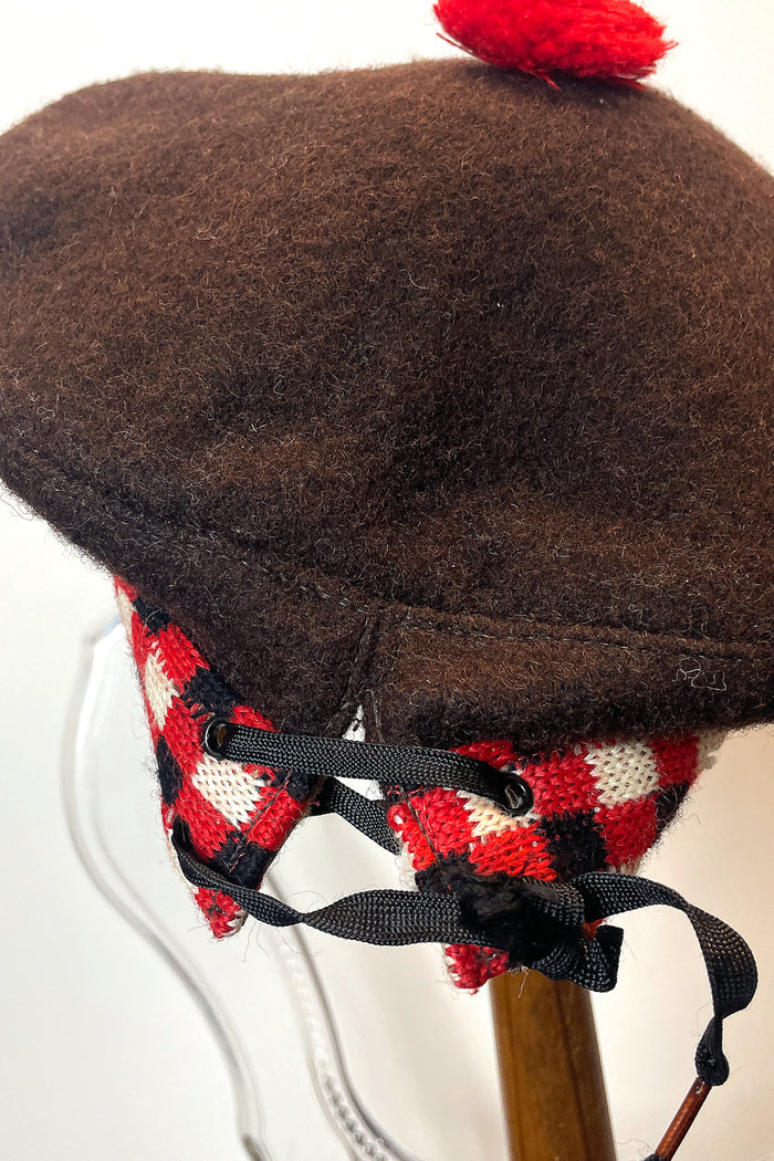 Vintage Brown Wool Beret with Red Pompom image 1