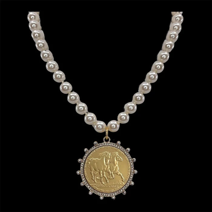 Vintage Pearl Necklace with Gold Horse Coin