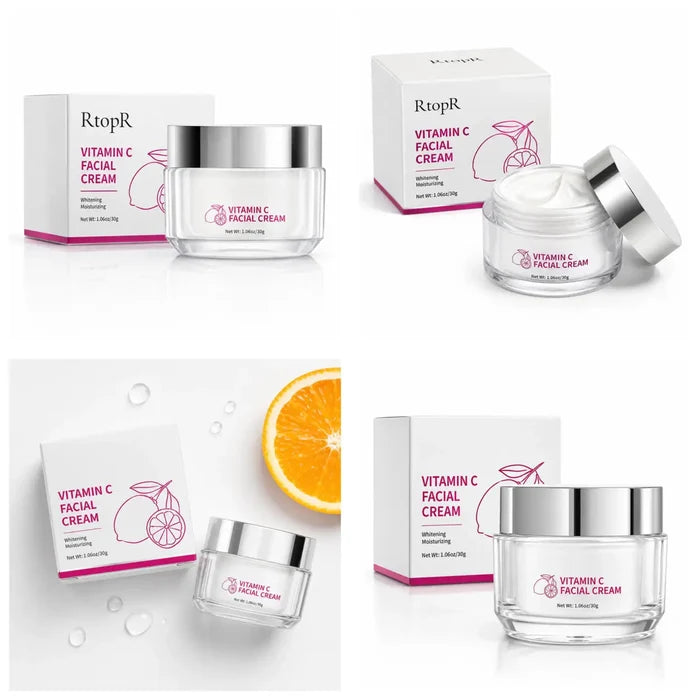 Professional four-panel collage of Vitamin C Facial Cream 30g packaging, cream texture, flat lay and hero packshot.