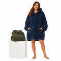 Army Green and Blue wearable blanket hoodie option shown with a woman and both plush hooded colors on a white background.
