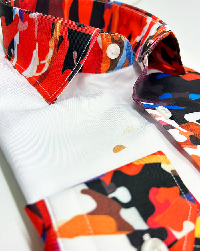 White Abstract Paint Splatter Print Shirt-Makrom