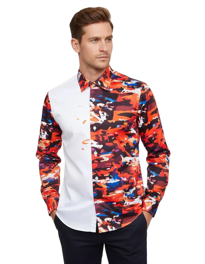 White Abstract Paint Splatter Print Shirt-Makrom