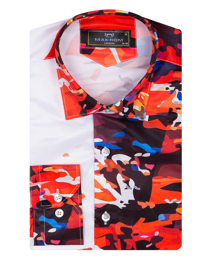 White Abstract Paint Splatter Print Shirt-Makrom