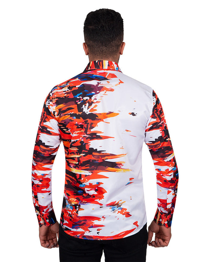 White Abstract Paint Splatter Print Shirt-Makrom