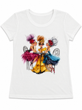 White graphic tee featuring a vibrant illustration of three stylish women enjoying coffee together.