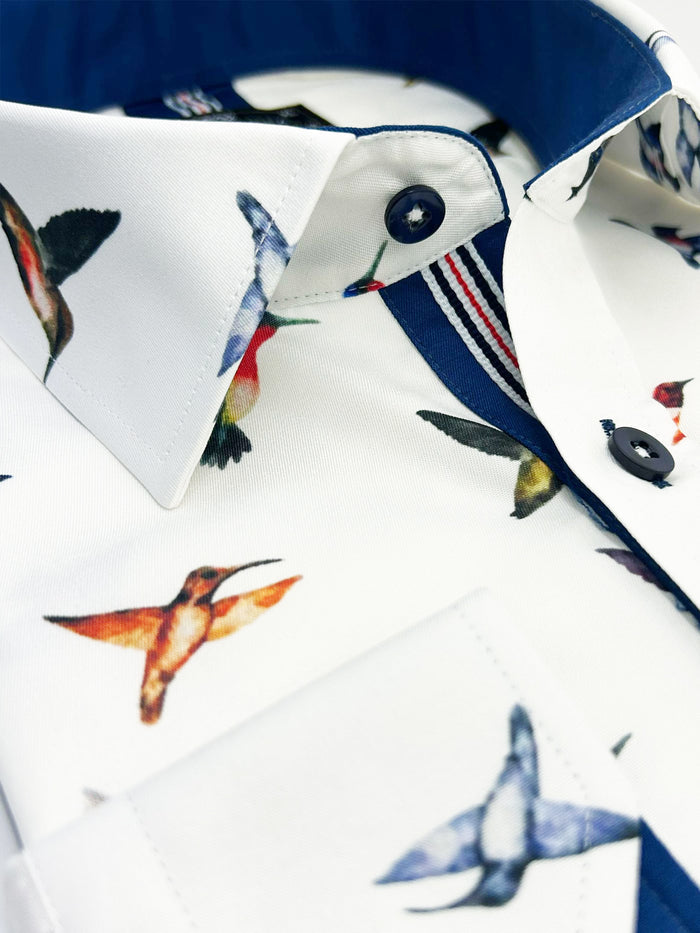 White Colourful Hummingbirds Print Men's Shirt-Makrom