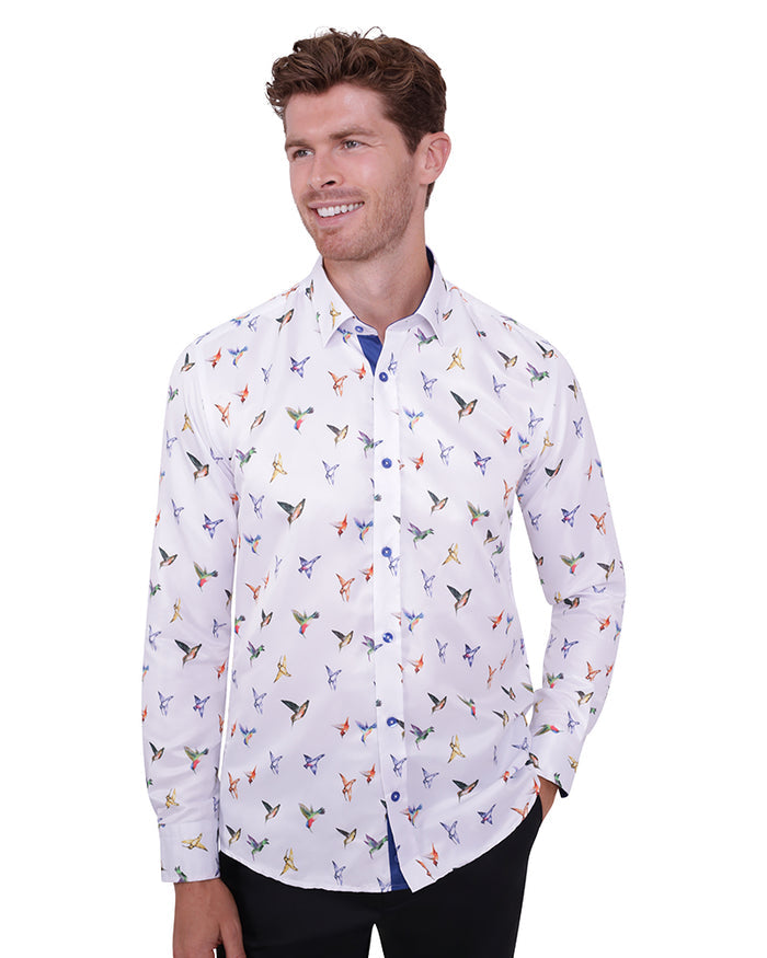 White Colourful Hummingbirds Print Men's Shirt-Makrom