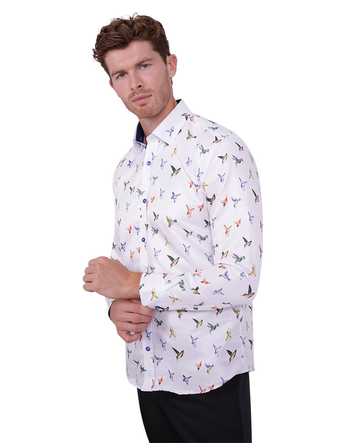 White Colourful Hummingbirds Print Men's Shirt-Makrom