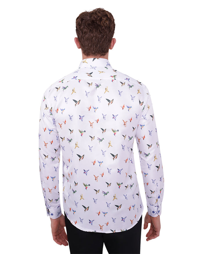 White Colourful Hummingbirds Print Men's Shirt-Makrom