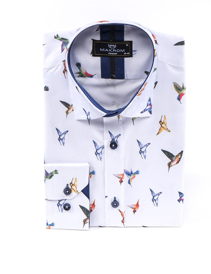 White Colourful Hummingbirds Print Men's Shirt-Makrom