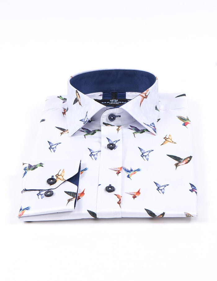 White Colourful Hummingbirds Print Men's Shirt-Makrom