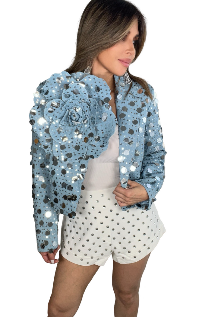White satin shorts with crystal embellishment and a pull-on elastic waistband for a glam statement look.