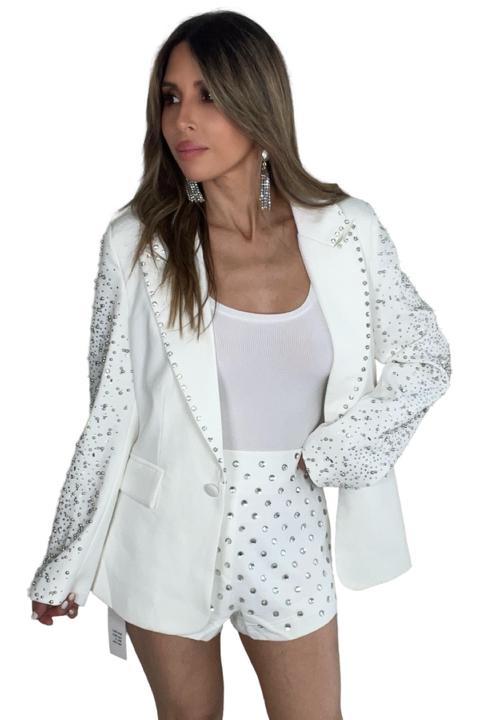 Style the White Crystal Embellished Shorts exclusively at Born To Glam