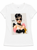 White graphic tee featuring an illustrated Audrey-inspired portrait design on the front.