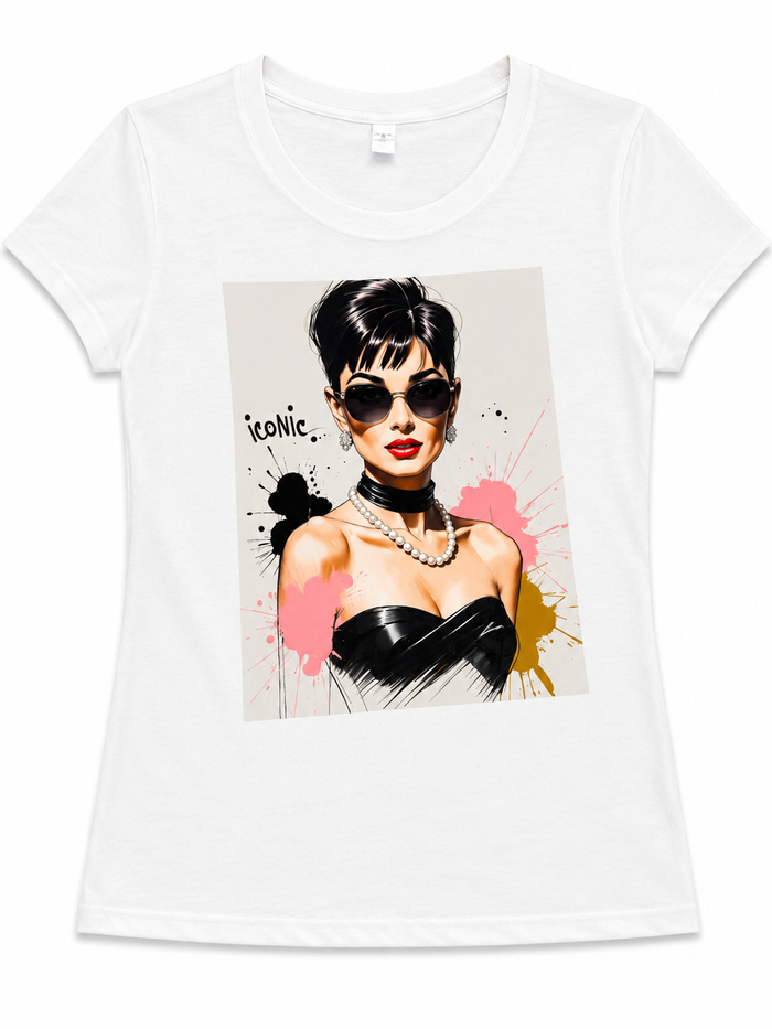White graphic tee featuring an illustrated Audrey-inspired portrait design on the front.
