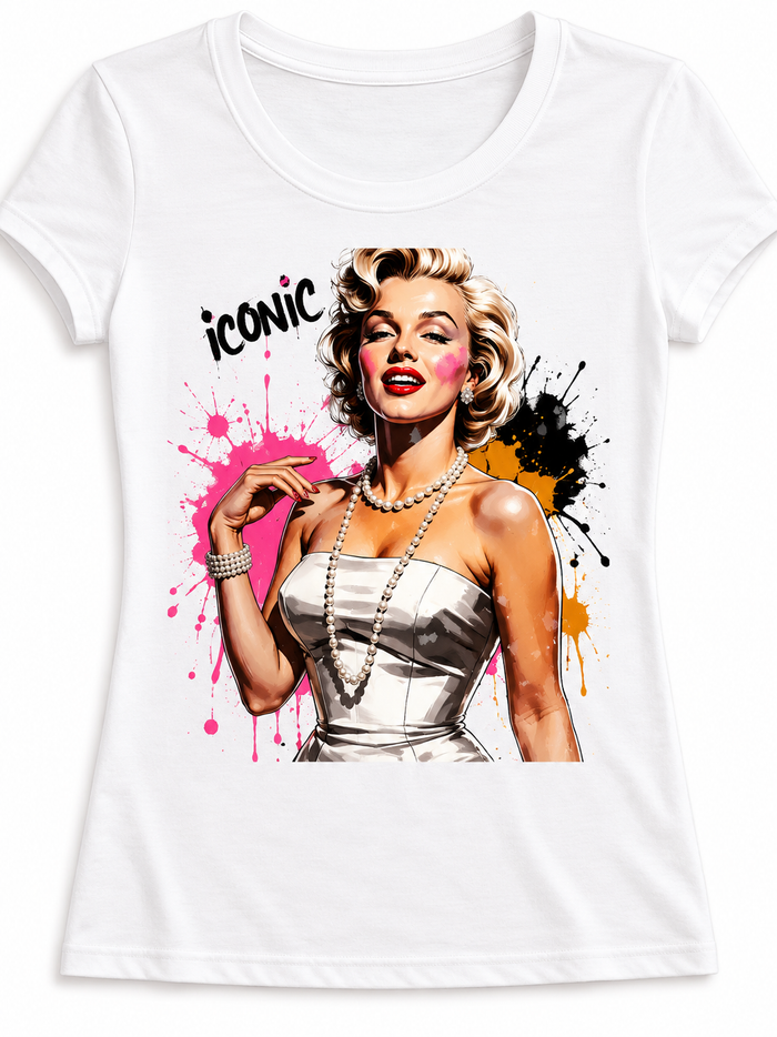 White crew neck graphic tee featuring a Marilyn-inspired portrait illustration with colorful pop art details.