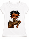 White short sleeve graphic tee featuring an illustrated fashion girl design with leopard print detail.
