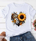White short sleeve graphic top featuring a leopard print heart with a vibrant sunflower design on the front.