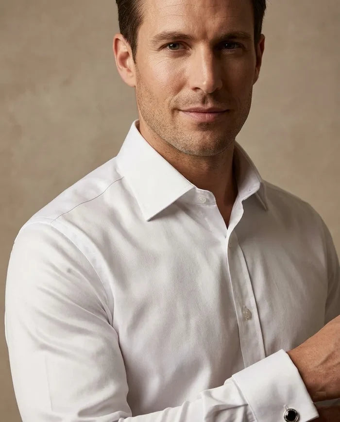 Man wearing a white dress shirt against a beige background