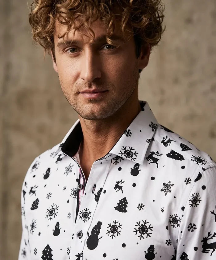 White Snowflake Christmas Snowman Print Men's Shirt