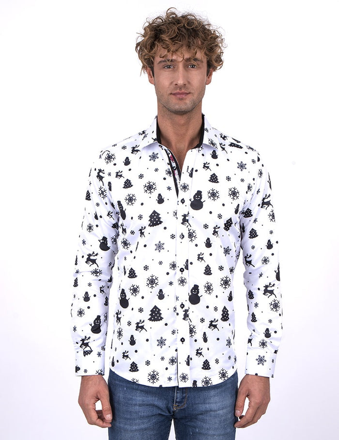 White Snowflake Christmas Snowman Print Men's Shirt-Makrom