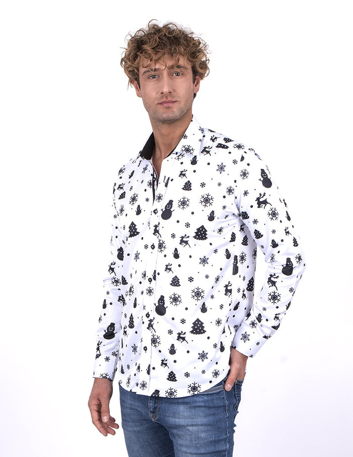 White Snowflake Christmas Snowman Print Men's Shirt-Makrom